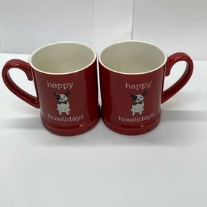 Two Threshold Stoneware Happy Howlidays Puppy Dog Mugs Coffee Tea Christmas Red